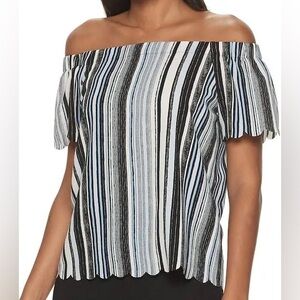 Elle Off-Shoulder Striped Tunic in Black, White & Light Blue